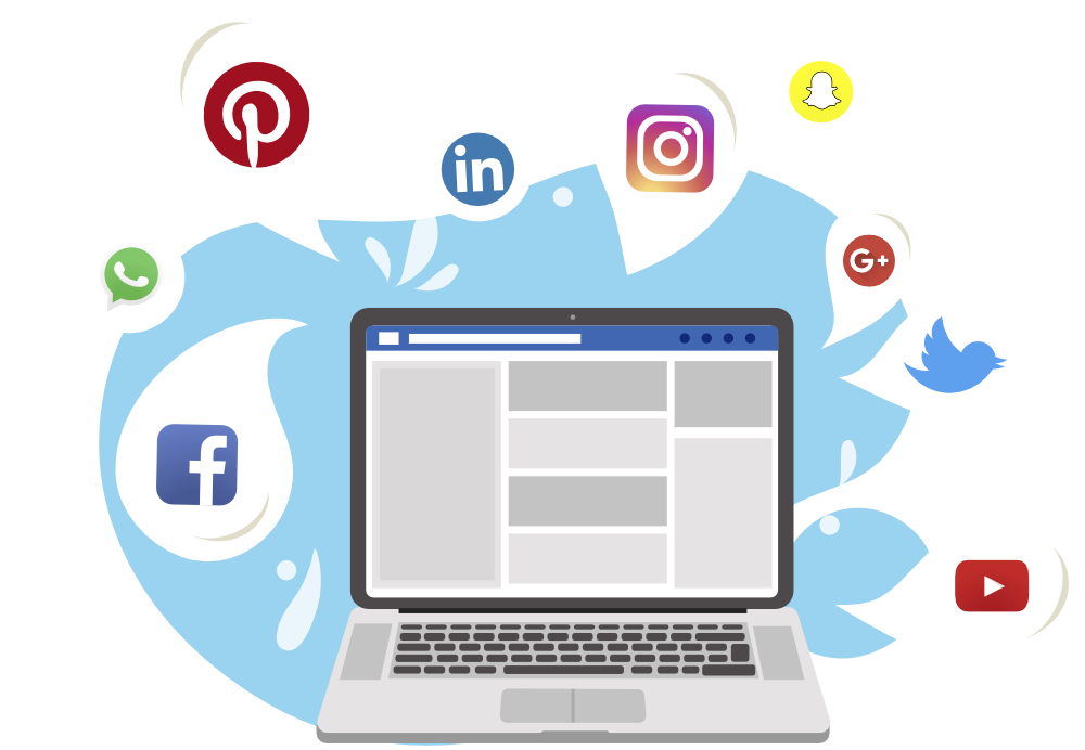 illustration showing laptop with social media icons